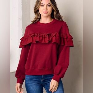 14th & Union Long Sleeve Ruffle Sweatshirt, Cranberry Red - Size M